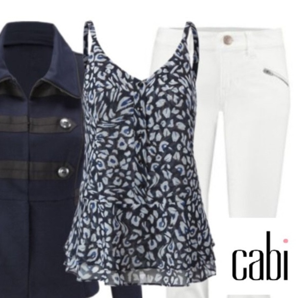 CAbi Navy and Light Blue Printed Layered Ruffle Camisole